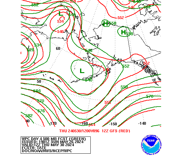 WPC and GFS Forecast of 500mb Heights valid on Day 4