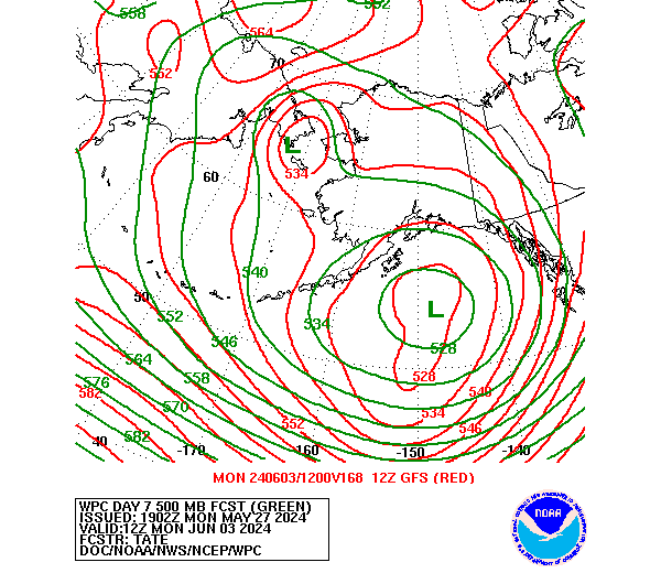 WPC and GFS Forecast of 500mb Heights valid on Day 7