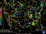 Latest United States (CONUS) surface analysis overlaid with base reflectivity - black background